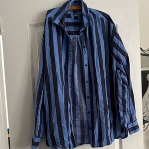 Blue and Black Striped Button-Up Shirt & shorts